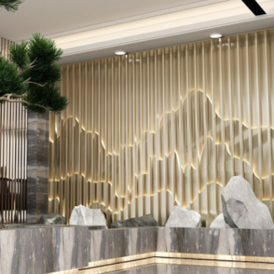 售樓部酒店不銹鋼屏風 室內(nèi)假山裝飾格柵山水中式金屬隔斷背景墻